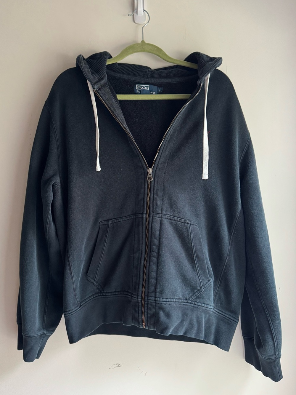 Ralph Lauren Polo Black Zip Hoodie with White Drawstrings
